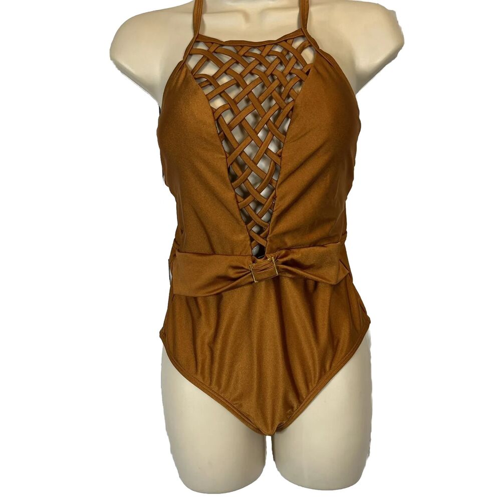 Venus Bronze Brown Crisscross Cutout Halter Faux Belt w/Buckle One Piece Sz 8 - Picture 2 of 8